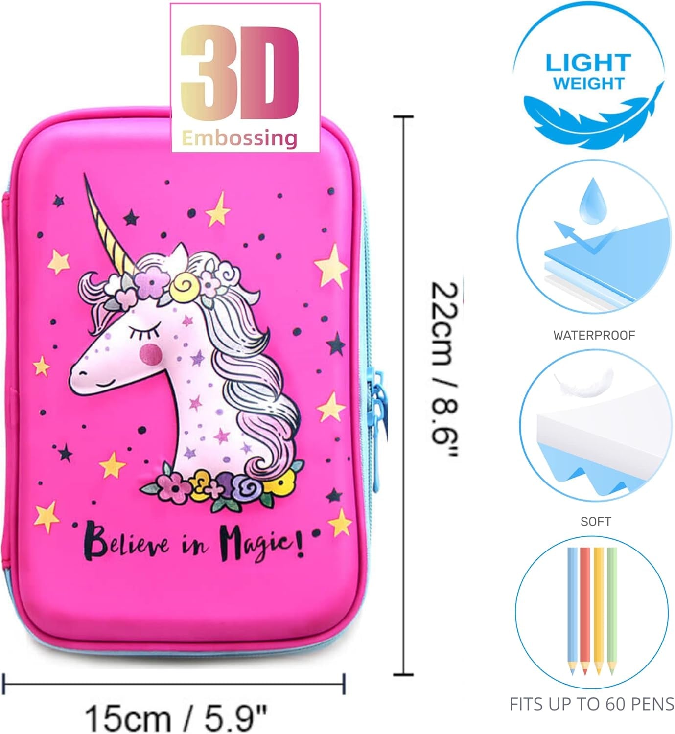 Unicorn Pencil Case for Girls | Cute Preschool, Kindergarten, and Elementary Pen Holder with Compartments |Toddler Pink School Zipper Pouch (Pink Unicorn) (Pink Unicorn)