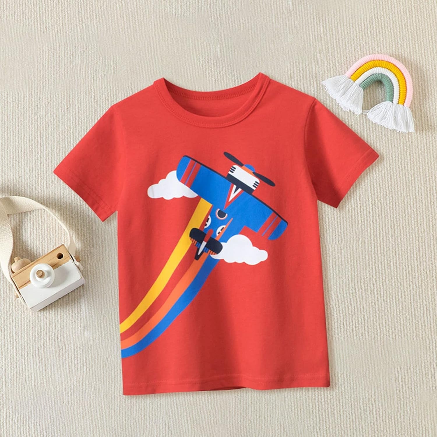 Cute Toddler Clothes Set for Boys' Short Sleeve Tees Cotton Casual Airplane Rainbow Graphic Crewneck (Red, 3-4 Years)