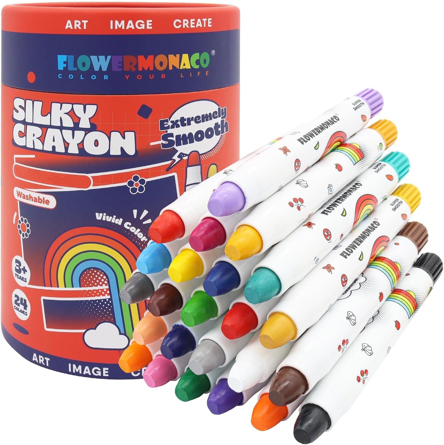 Washable Jumbo Crayons for Toddlers, 24 Colors Non Toxic Silky Crayons Set, Large Baby Crayons Kids, Gift for Boys and Girls Flower Monaco