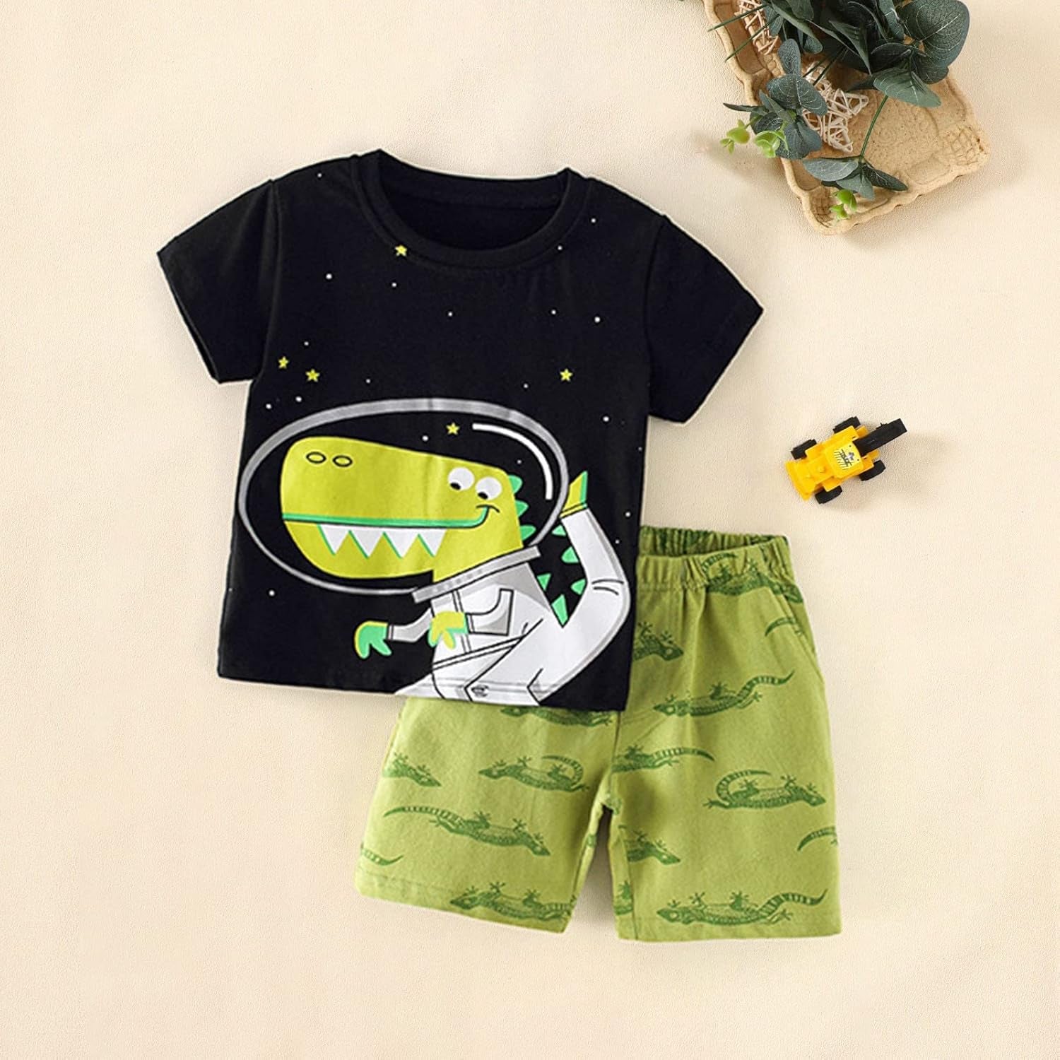 Boys Clothes 8 10 Boys Toddler Cotton Short Sleeve T Shirt and Short Set with Cute Dinosaur Shorts (Black, 5-6 Years)