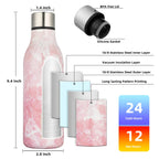 Insulated Water Bottles, 18 Oz Stainless Steel Metal Water Bottle with Strap, BPA Free Leak Proof Thermos, Mugs, Flasks, Reusable Water Bottle for Sports& Travel, Blossom