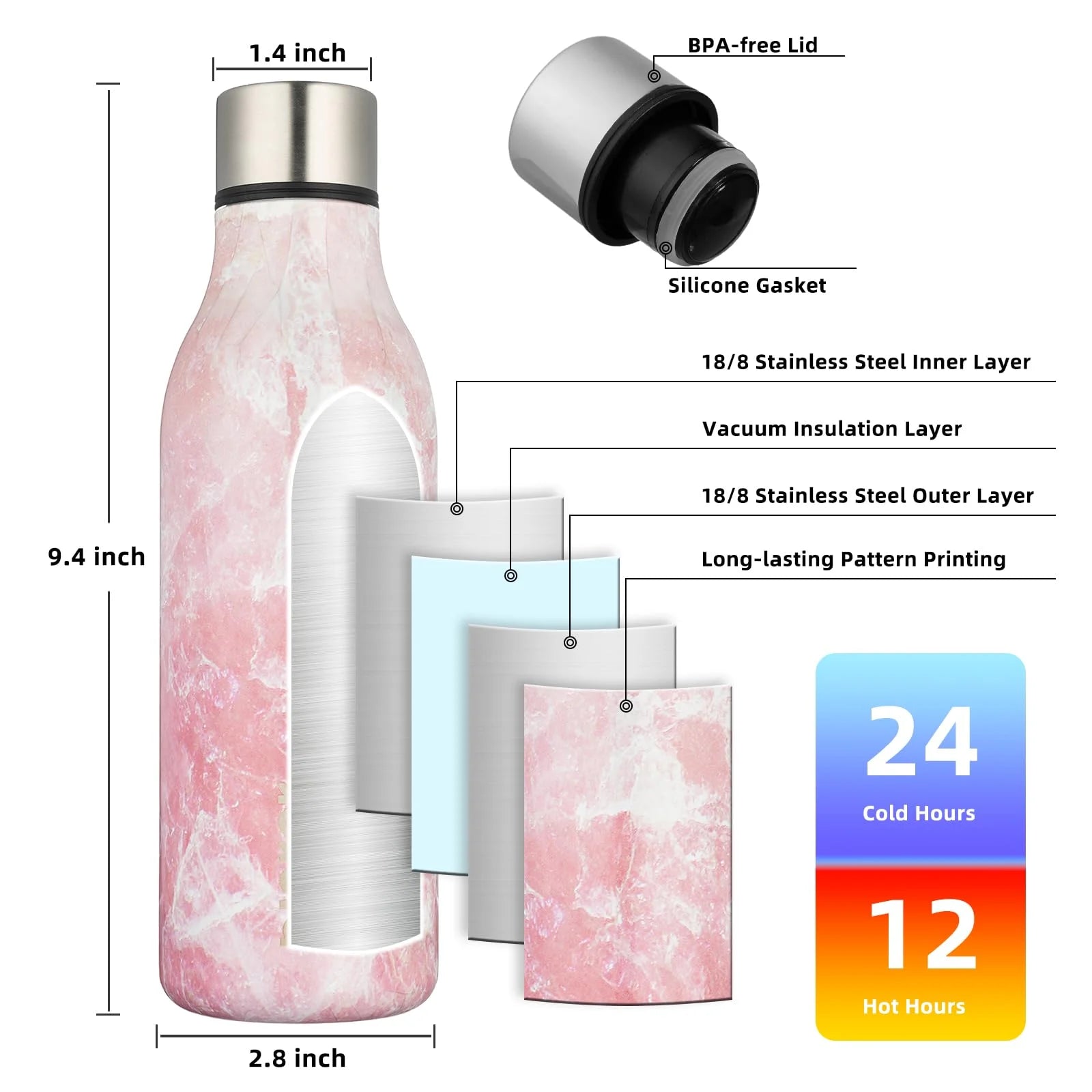 Insulated Water Bottles, 18 Oz Stainless Steel Metal Water Bottle with Strap, BPA Free Leak Proof Thermos, Mugs, Flasks, Reusable Water Bottle for Sports& Travel, Blossom