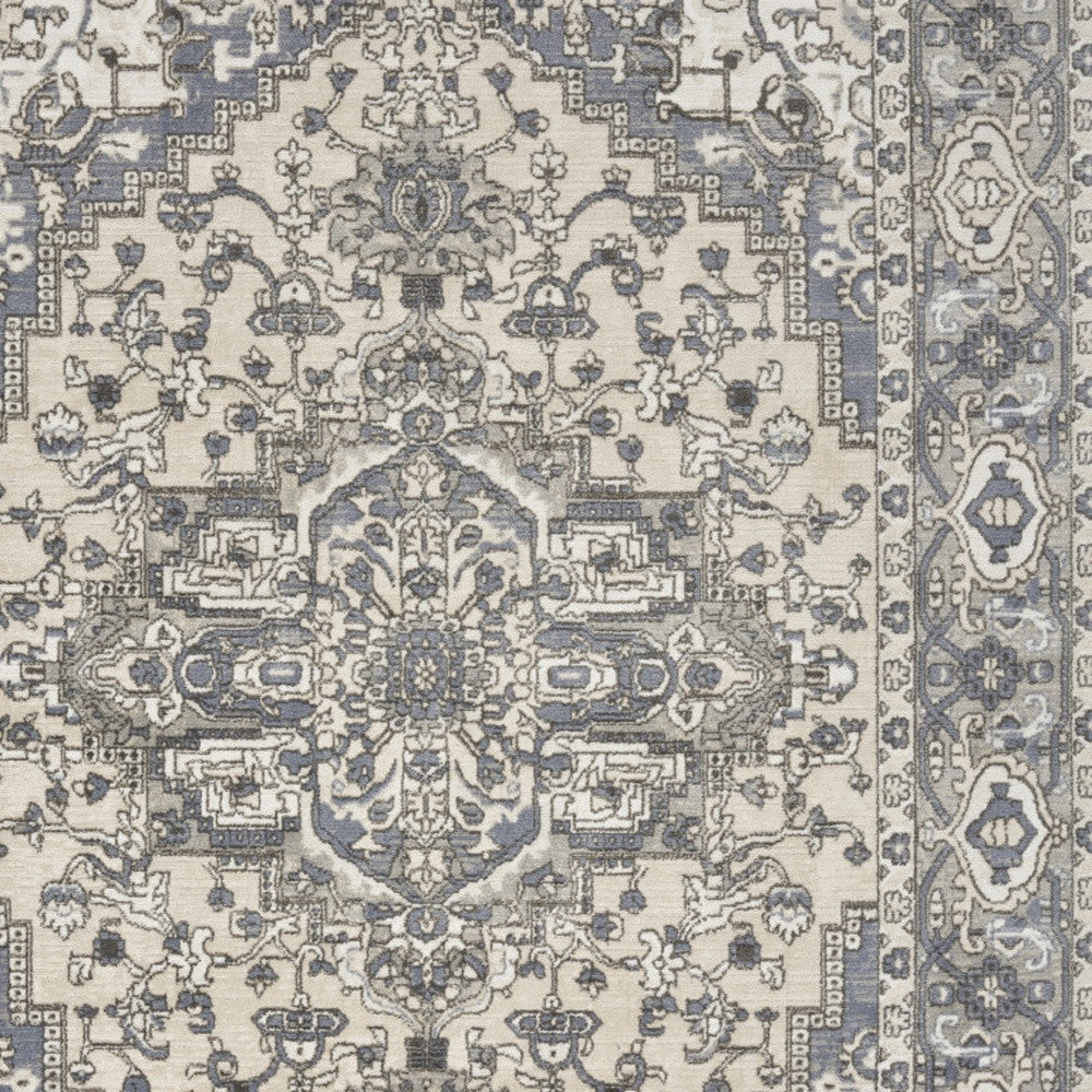 4' X 6' Blue and Ivory Medallion Power Loom Distressed Area Rug-1