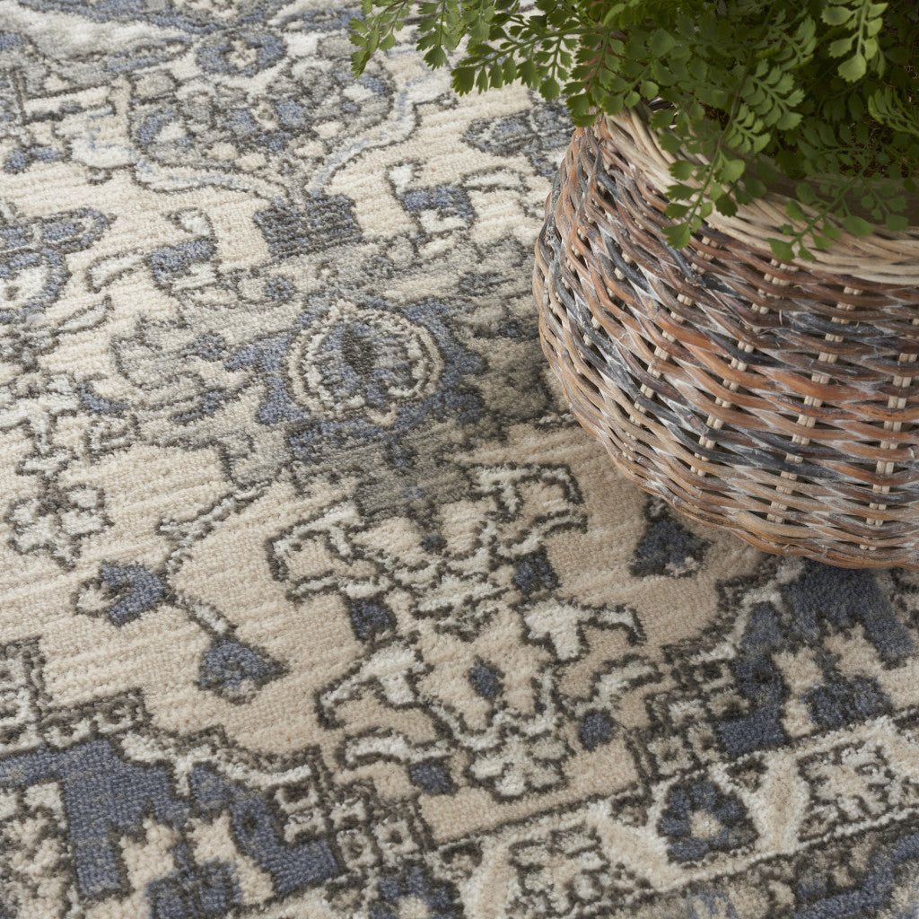 4' X 6' Blue and Ivory Medallion Power Loom Distressed Area Rug-8