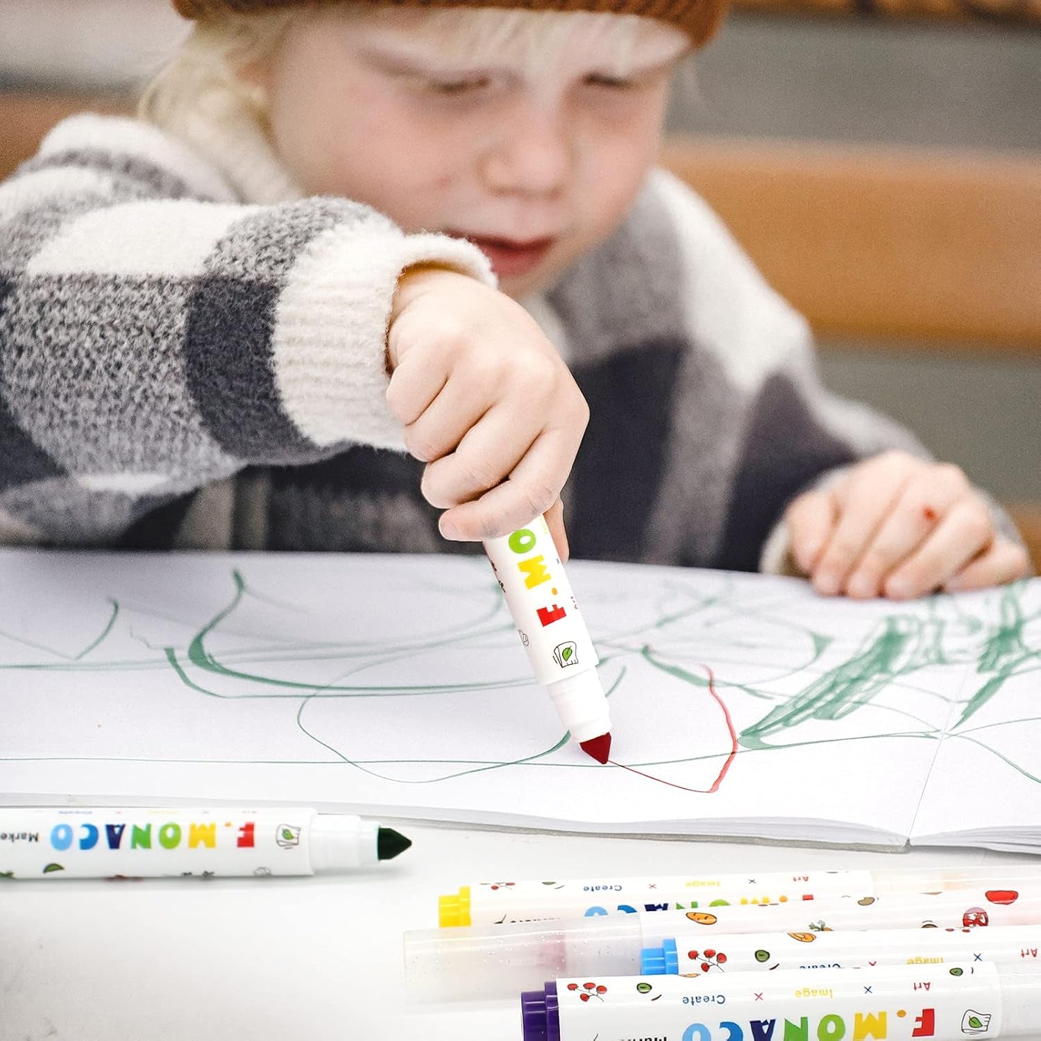 Washable Coloring Markers, 6 Colors Toddler Markers for Kids Ages 2-4 Years, Non-Toxic Art School Supplies Broad Line Flower Monaco