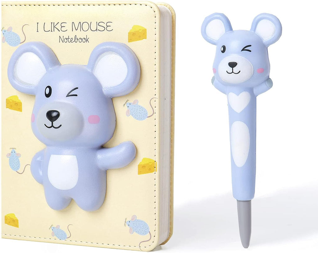 Notebook for Girls Notebooks with Squishy Animals Stress Relief Pen,Cute Decompression Journal for Women,Mouse Notebooks+One Pens