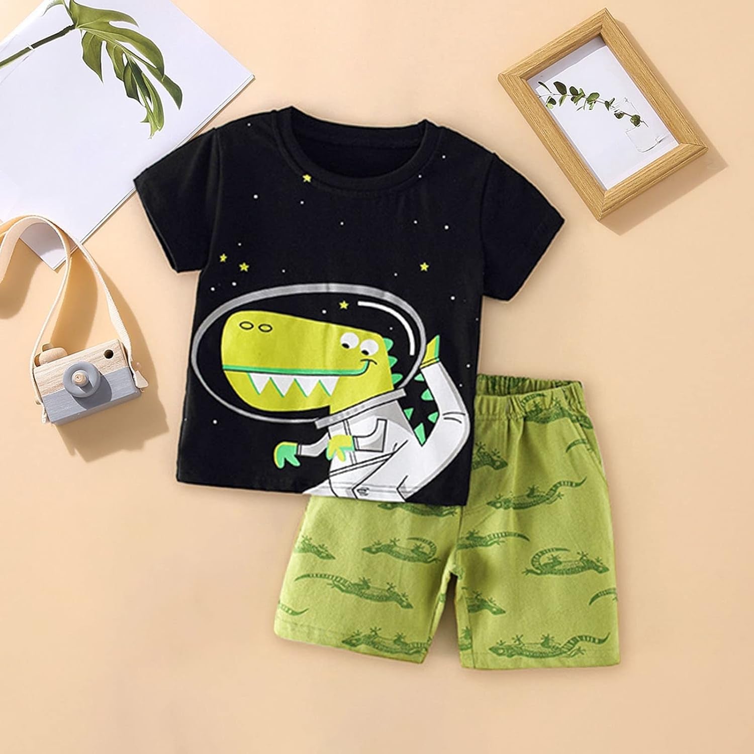 Boys Clothes 8 10 Boys Toddler Cotton Short Sleeve T Shirt and Short Set with Cute Dinosaur Shorts (Black, 5-6 Years)