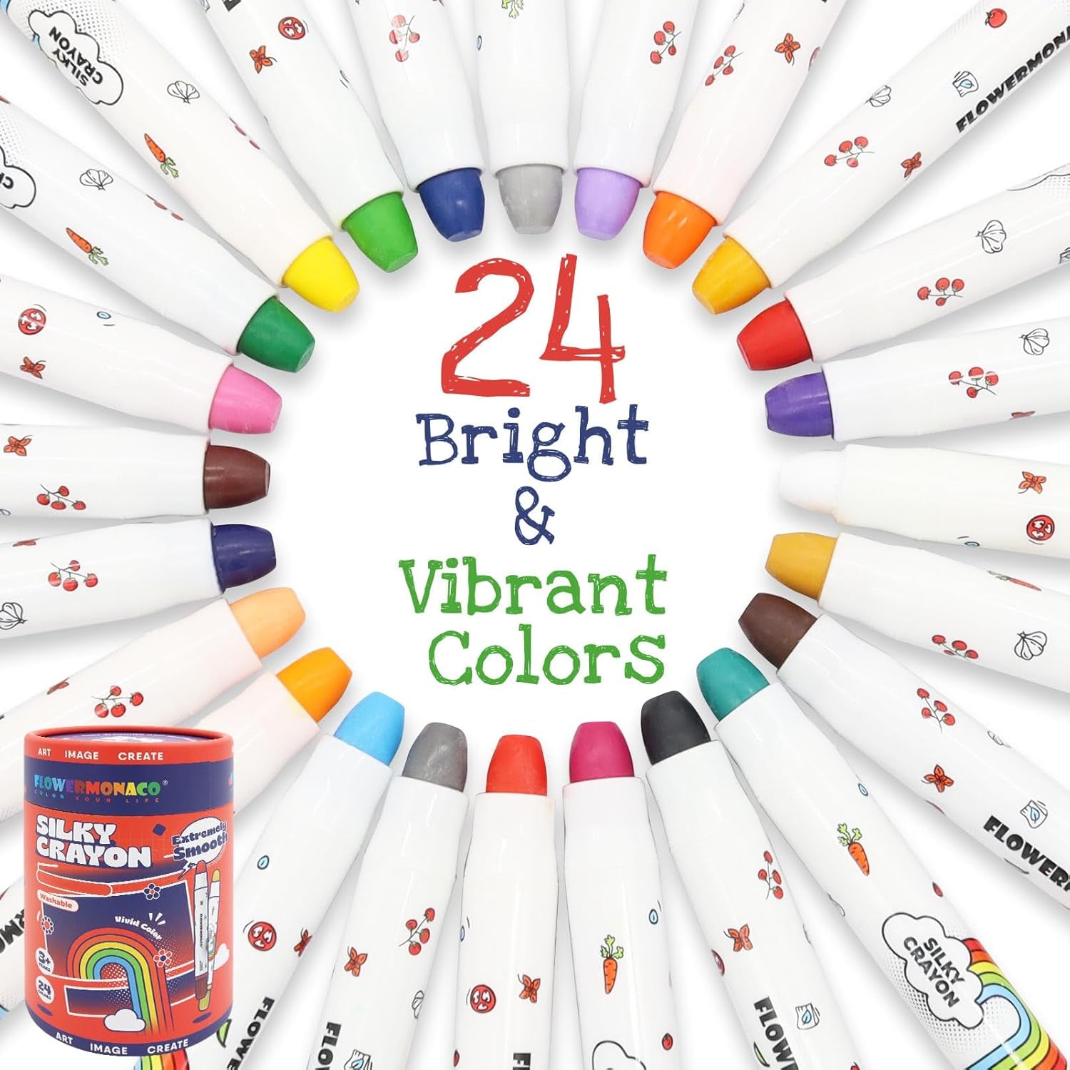 Washable Jumbo Crayons for Toddlers, 24 Colors Non Toxic Silky Crayons Set, Large Baby Crayons Kids, Gift for Boys and Girls Flower Monaco