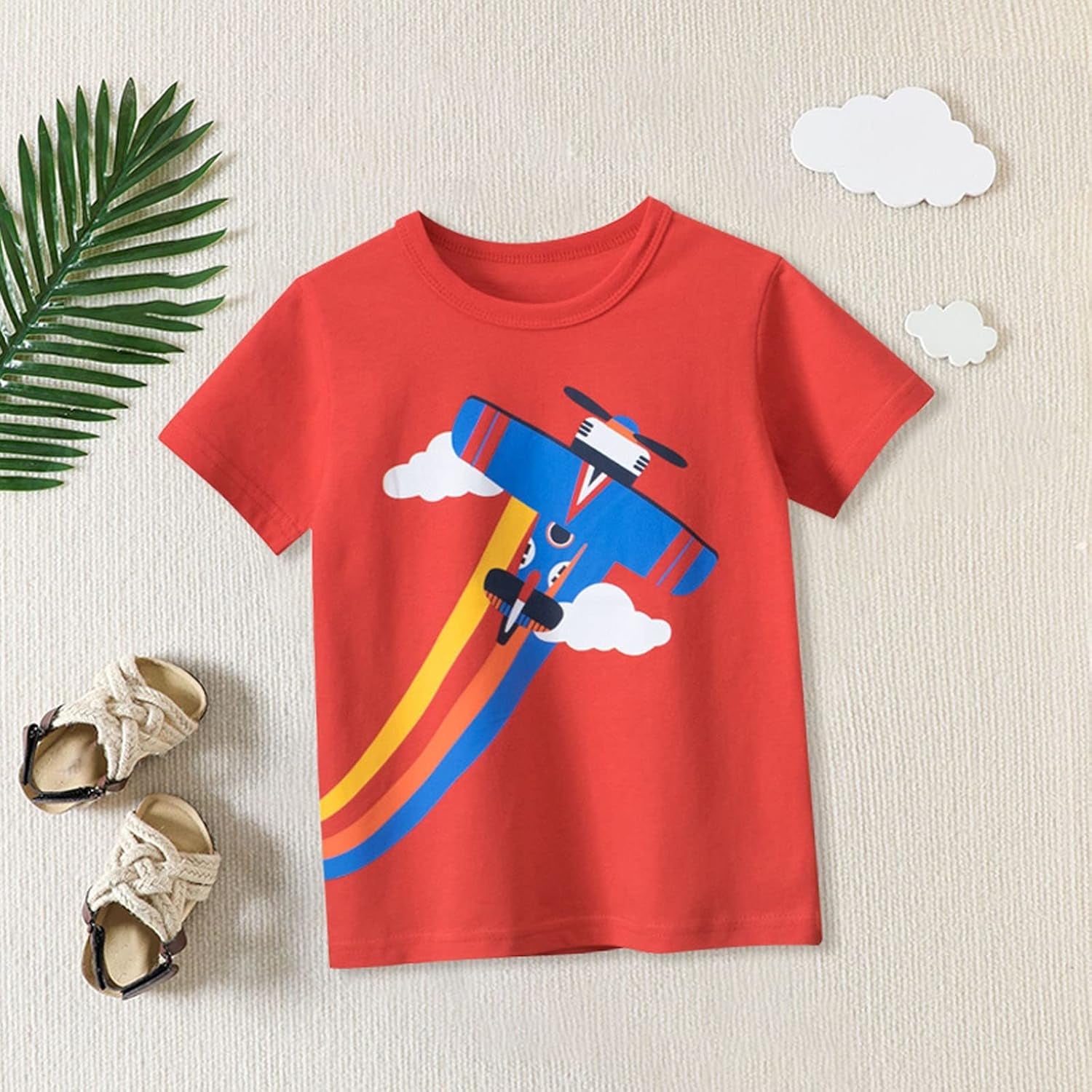 Cute Toddler Clothes Set for Boys' Short Sleeve Tees Cotton Casual Airplane Rainbow Graphic Crewneck (Red, 3-4 Years)