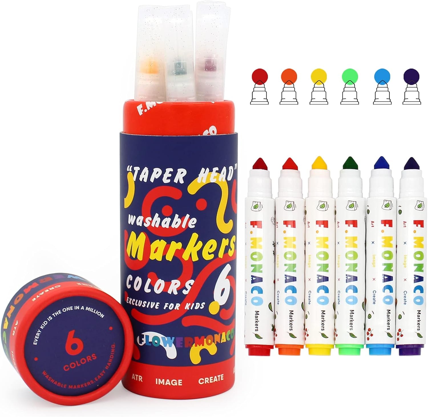 Washable Coloring Markers, 6 Colors Toddler Markers for Kids Ages 2-4 Years, Non-Toxic Art School Supplies Broad Line Flower Monaco