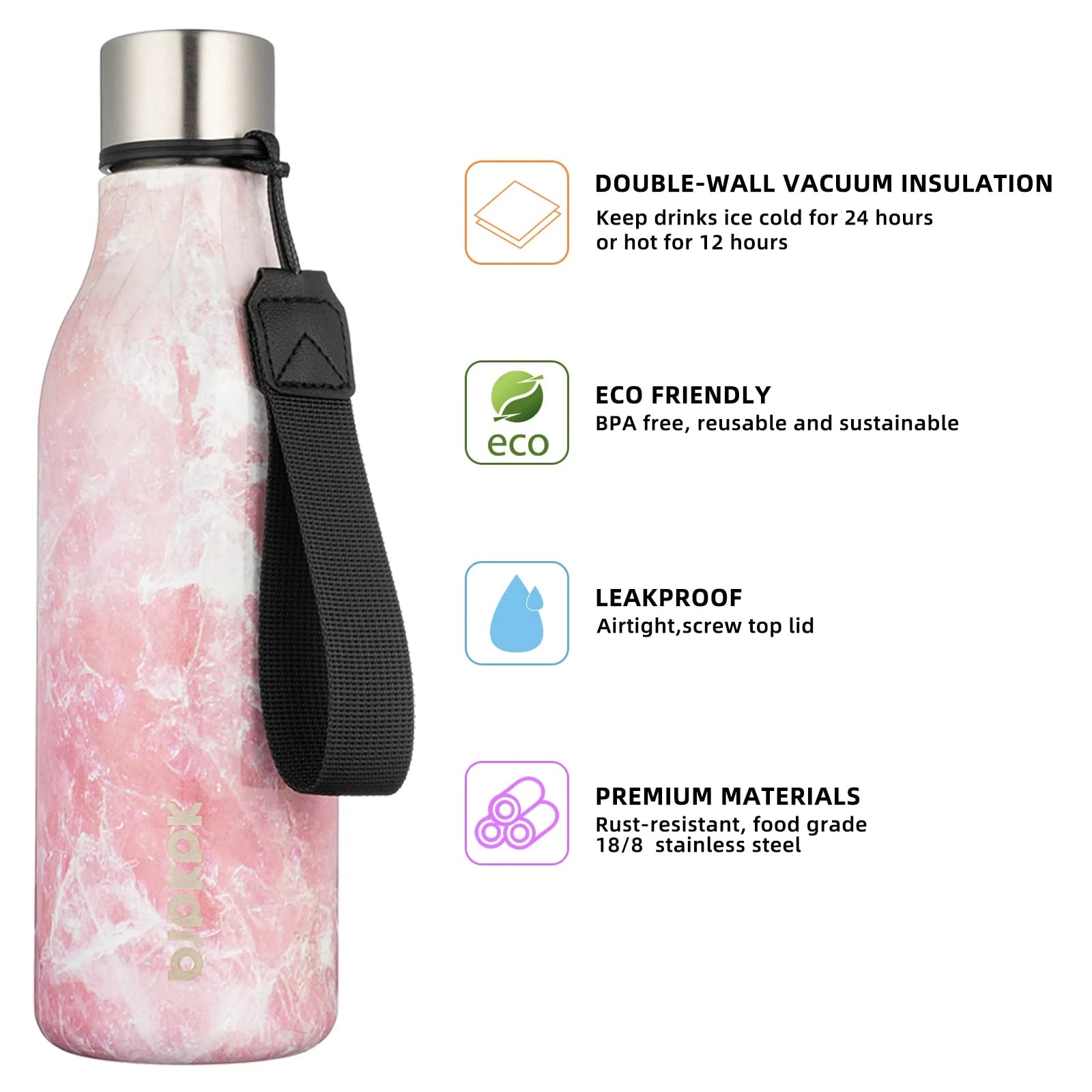 Insulated Water Bottles, 18 Oz Stainless Steel Metal Water Bottle with Strap, BPA Free Leak Proof Thermos, Mugs, Flasks, Reusable Water Bottle for Sports& Travel, Blossom