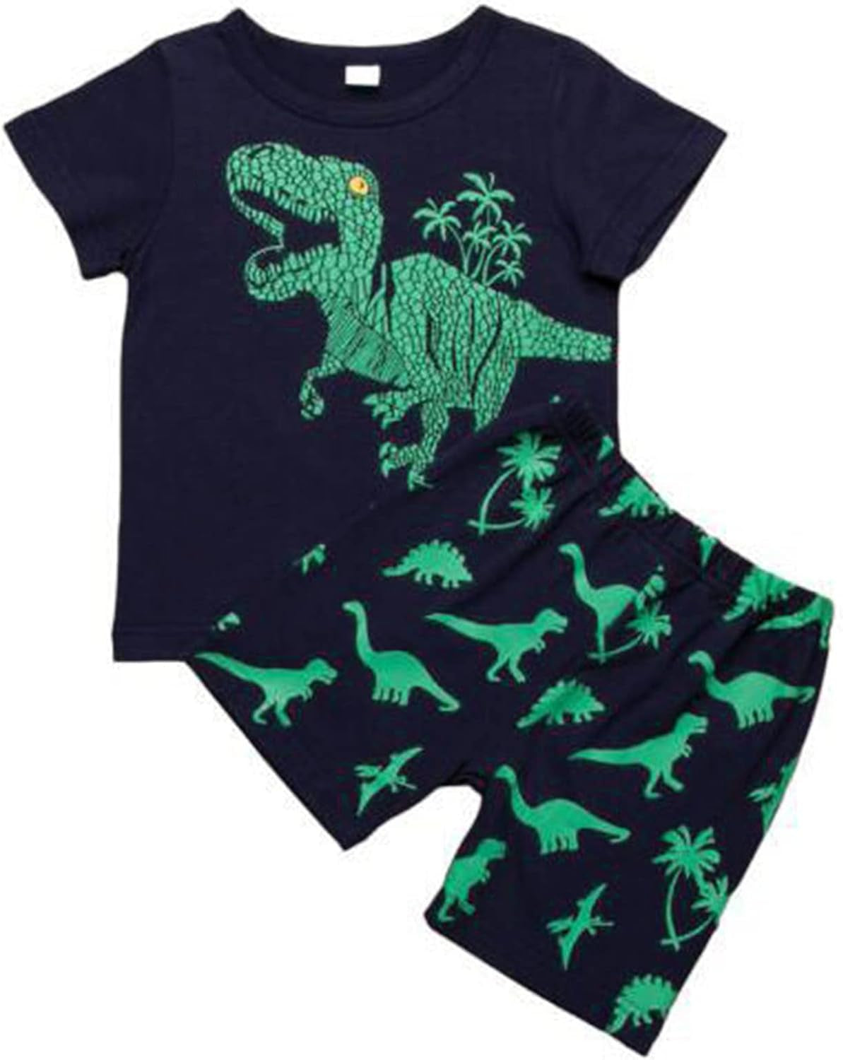 2023 Toddler Kids Boys Summer Short Sleeve Dinosaur T Shirts Tops Shorts Outfits Clothes Set 2 to 7 (1-Green, 6 Years)