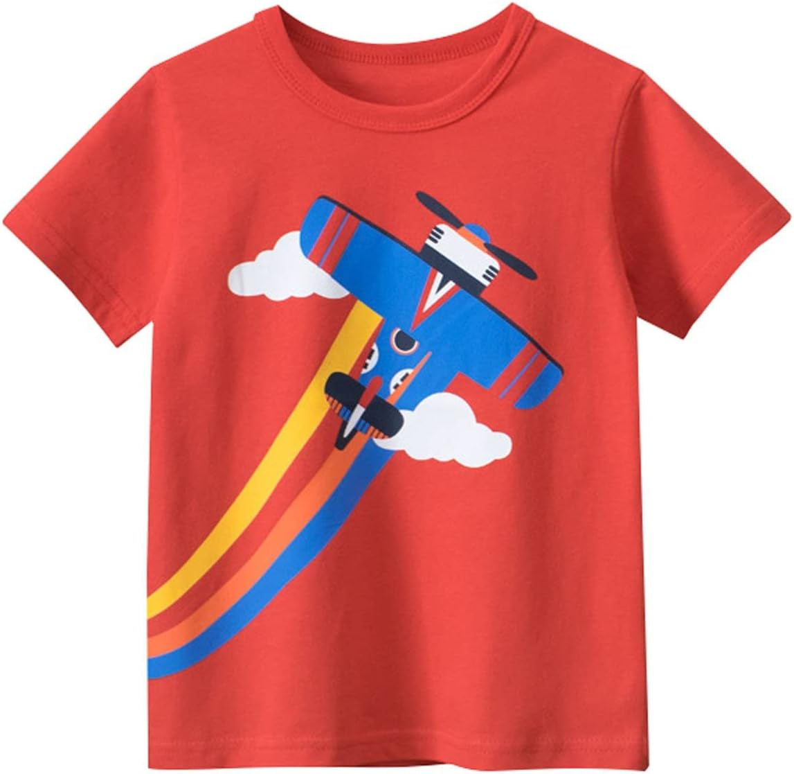 Cute Toddler Clothes Set for Boys' Short Sleeve Tees Cotton Casual Airplane Rainbow Graphic Crewneck (Red, 3-4 Years)