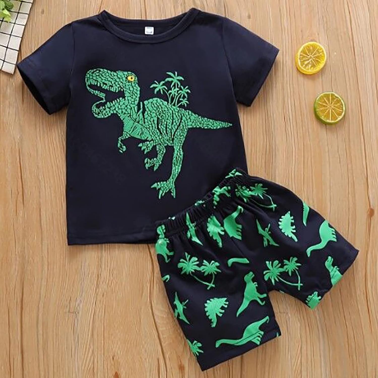 2023 Toddler Kids Boys Summer Short Sleeve Dinosaur T Shirts Tops Shorts Outfits Clothes Set 2 to 7 (1-Green, 6 Years)
