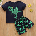 2023 Toddler Kids Boys Summer Short Sleeve Dinosaur T Shirts Tops Shorts Outfits Clothes Set 2 to 7 (1-Green, 3 Years)